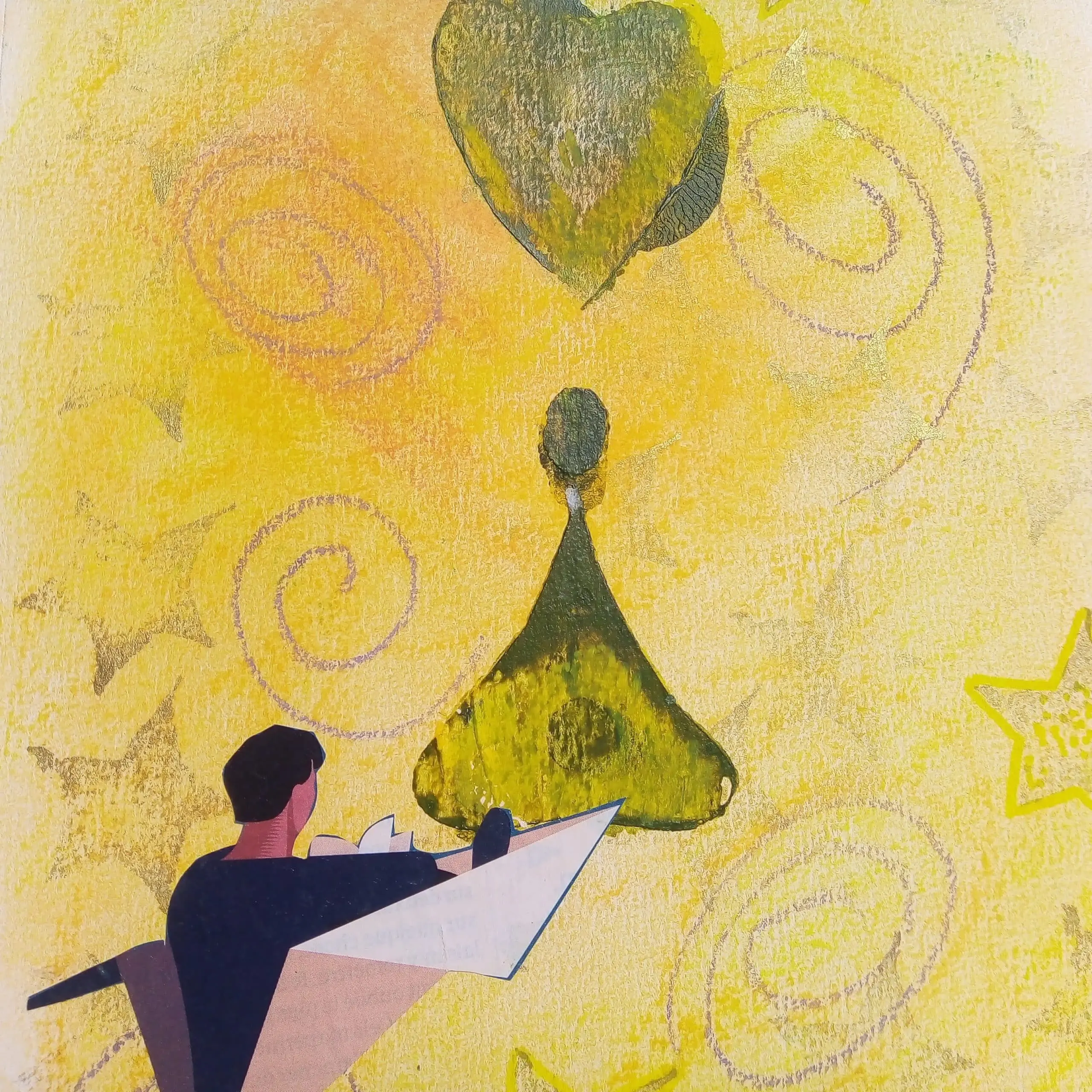ATELIERS carré Peinture abstraite avec silhouette et motifs jaunes.