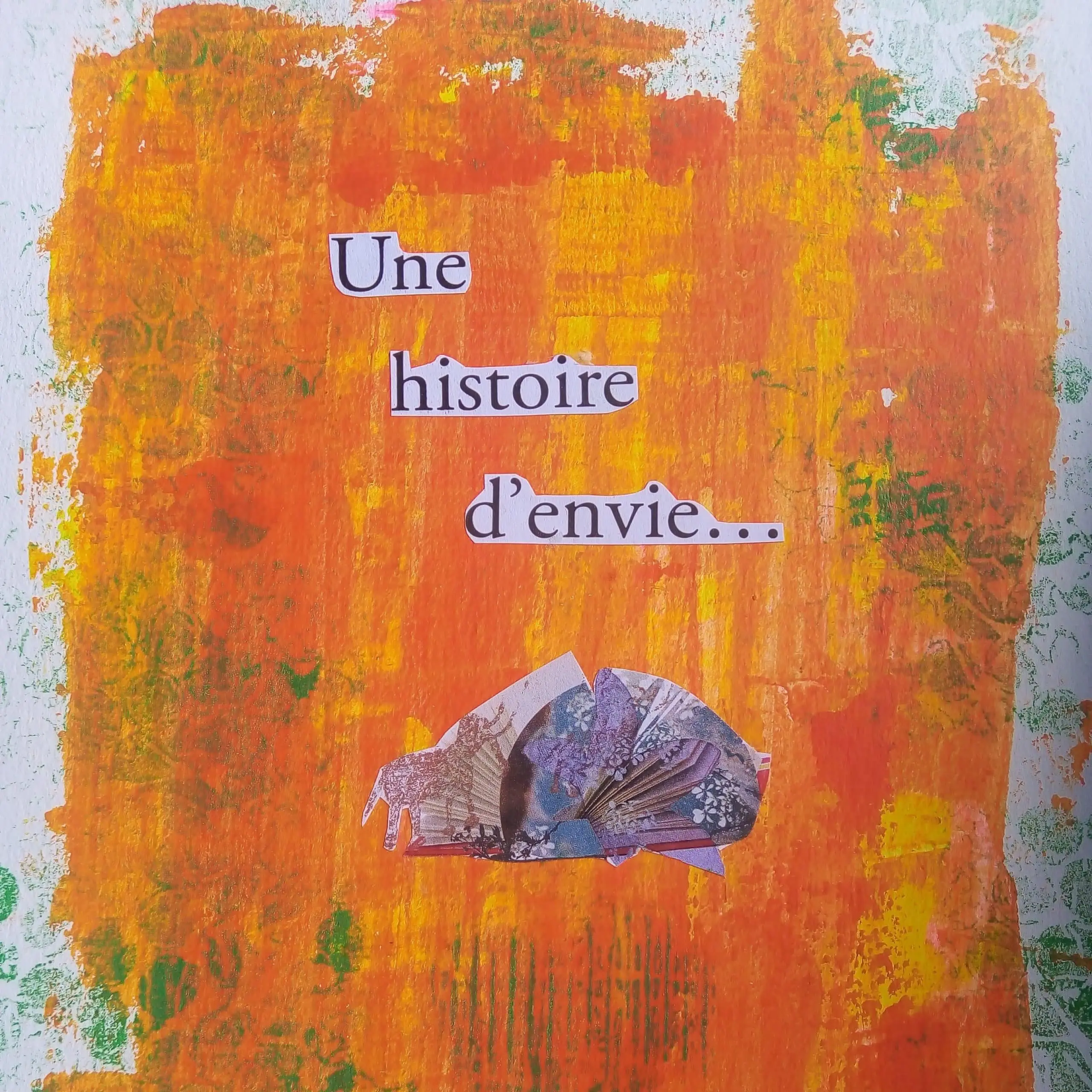 LIVRES carré Art abstrait avec texte et collage, fond orange.