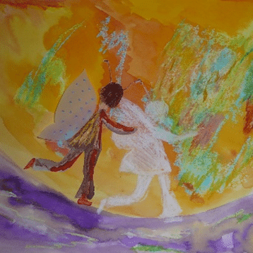 image11 Peinture abstraite de deux figures dansantes aux couleurs vives.